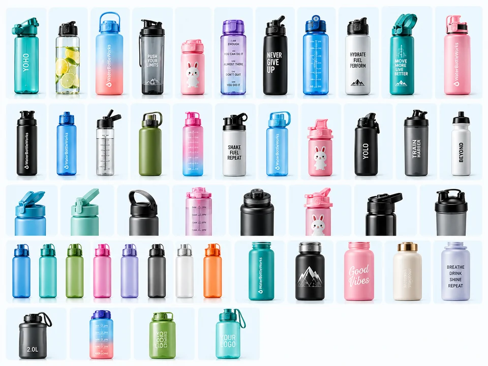 Assortment of water bottle shapes, colors and lid formats