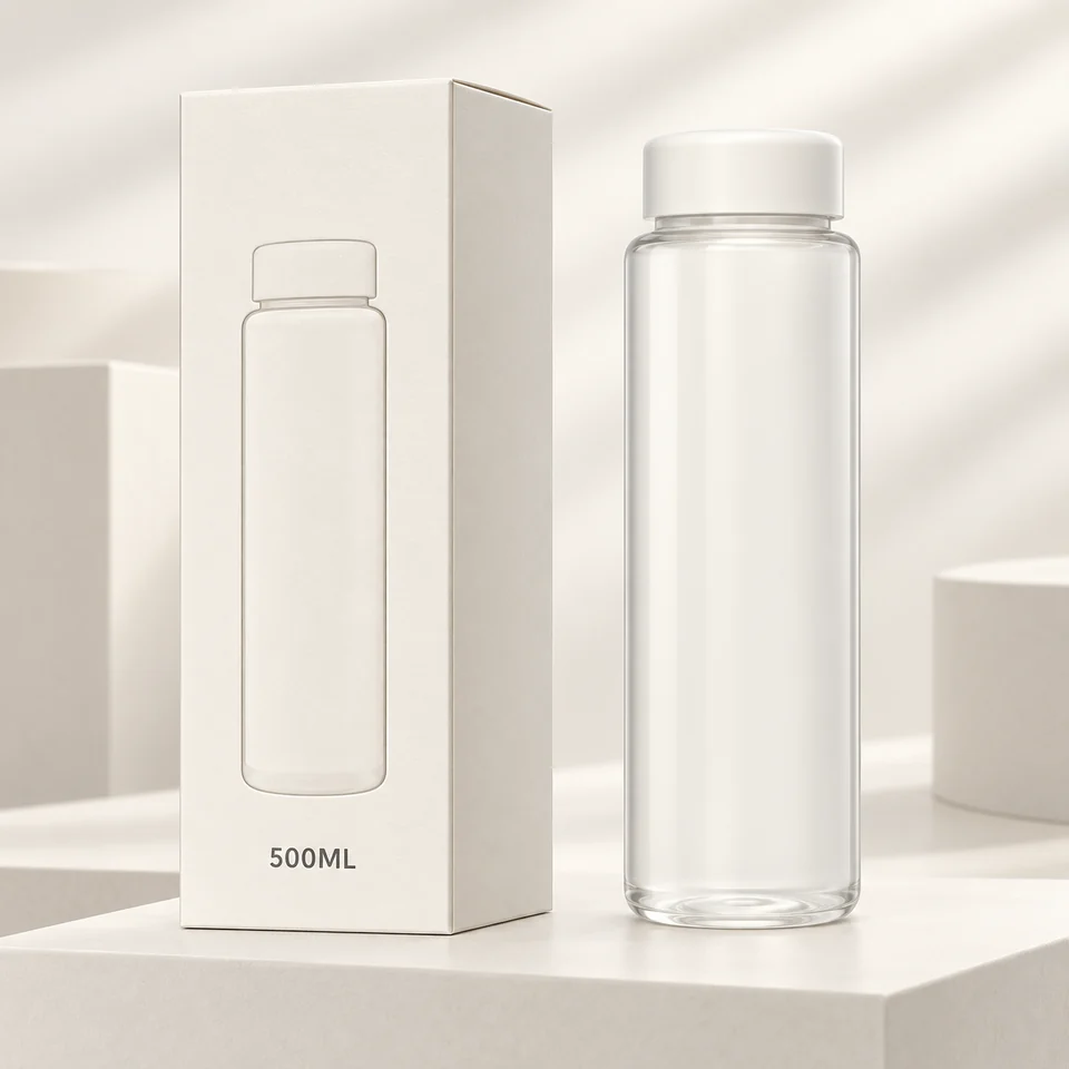 Clear white-cap bottle with an individual box marked 500 ml