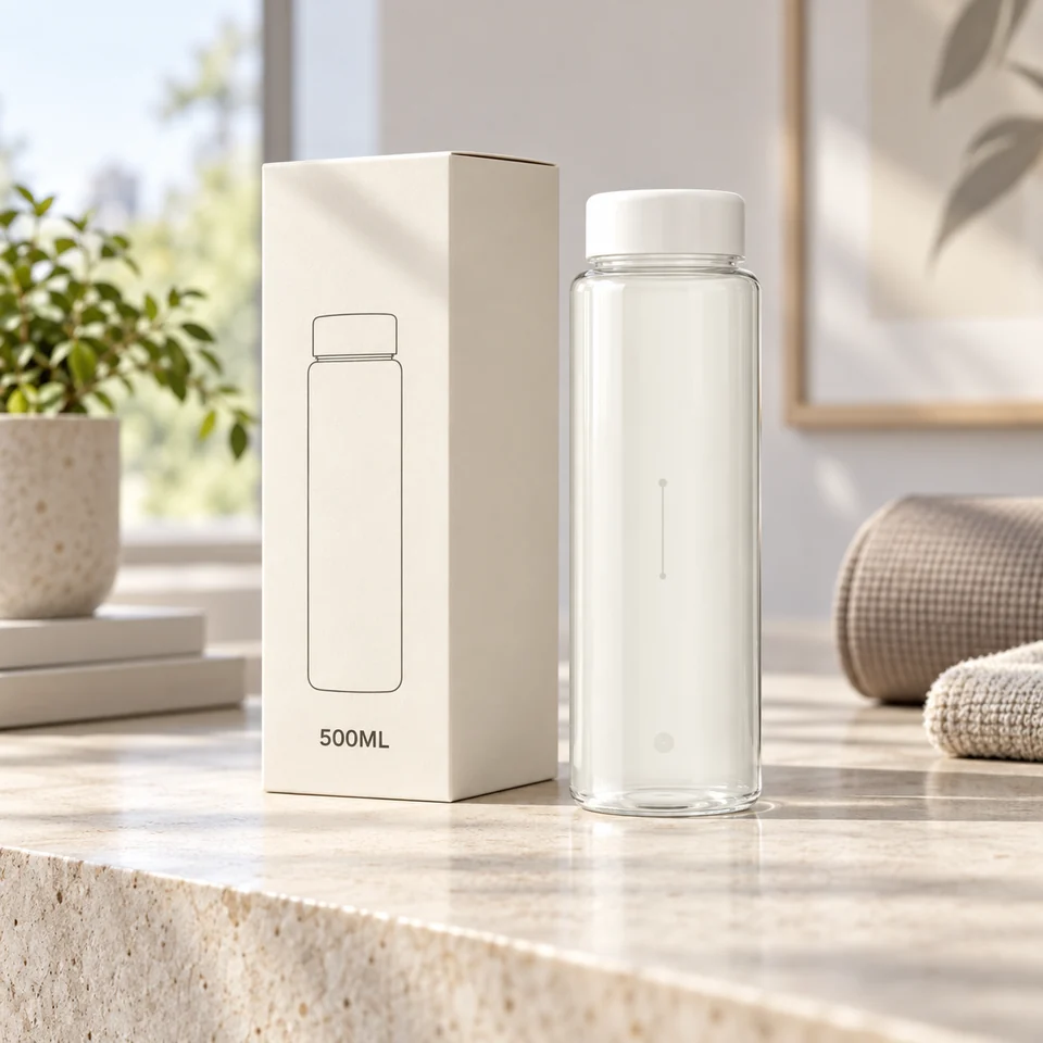 Clear white-cap bottle and individual box on a sunlit indoor table