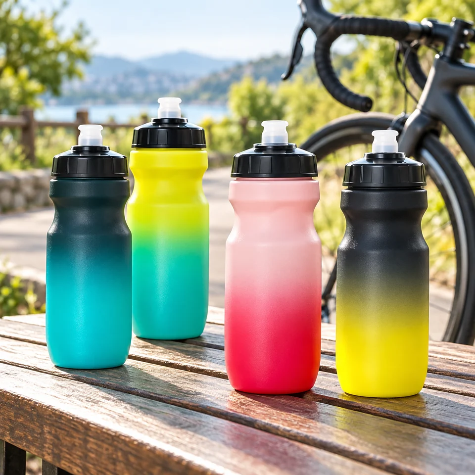 Colorful squeeze bottles displayed beside a bicycle