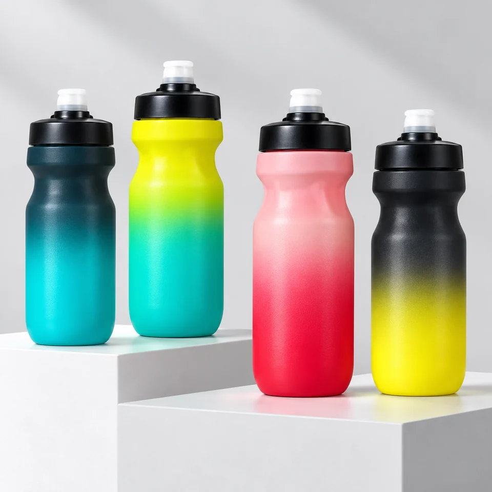 Colorful squeeze-format bottles with drinking nozzles