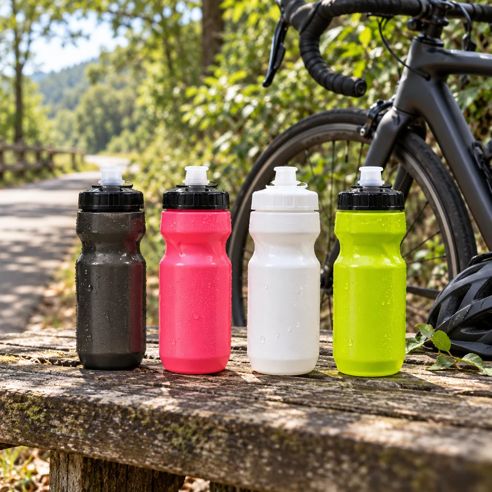 Black, pink, white and lime squeeze bottles beside a bicycle