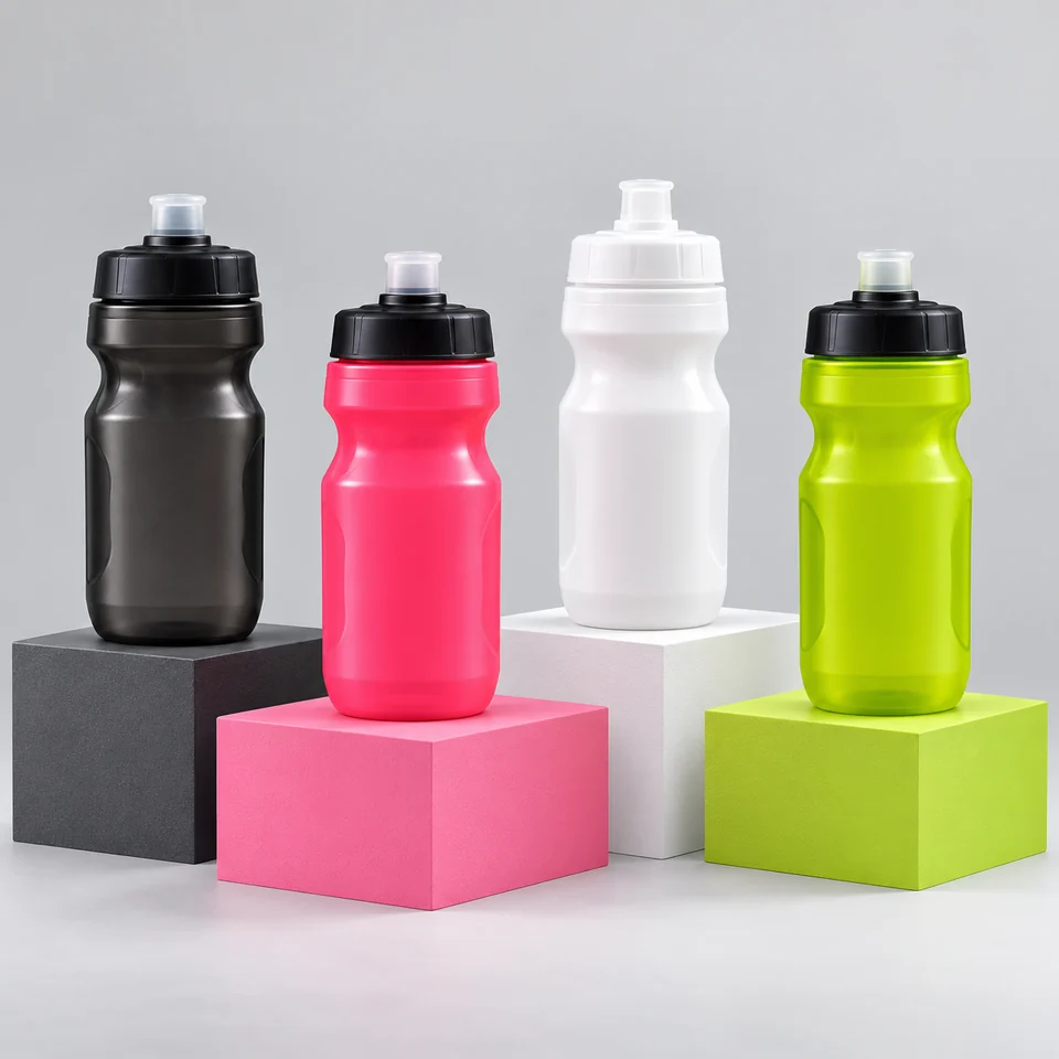 Black, pink, white and lime squeeze bottles with shaped grips