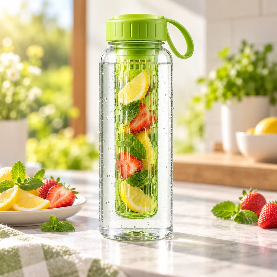 Green fruit-infuser bottle beside strawberries and citrus on a table