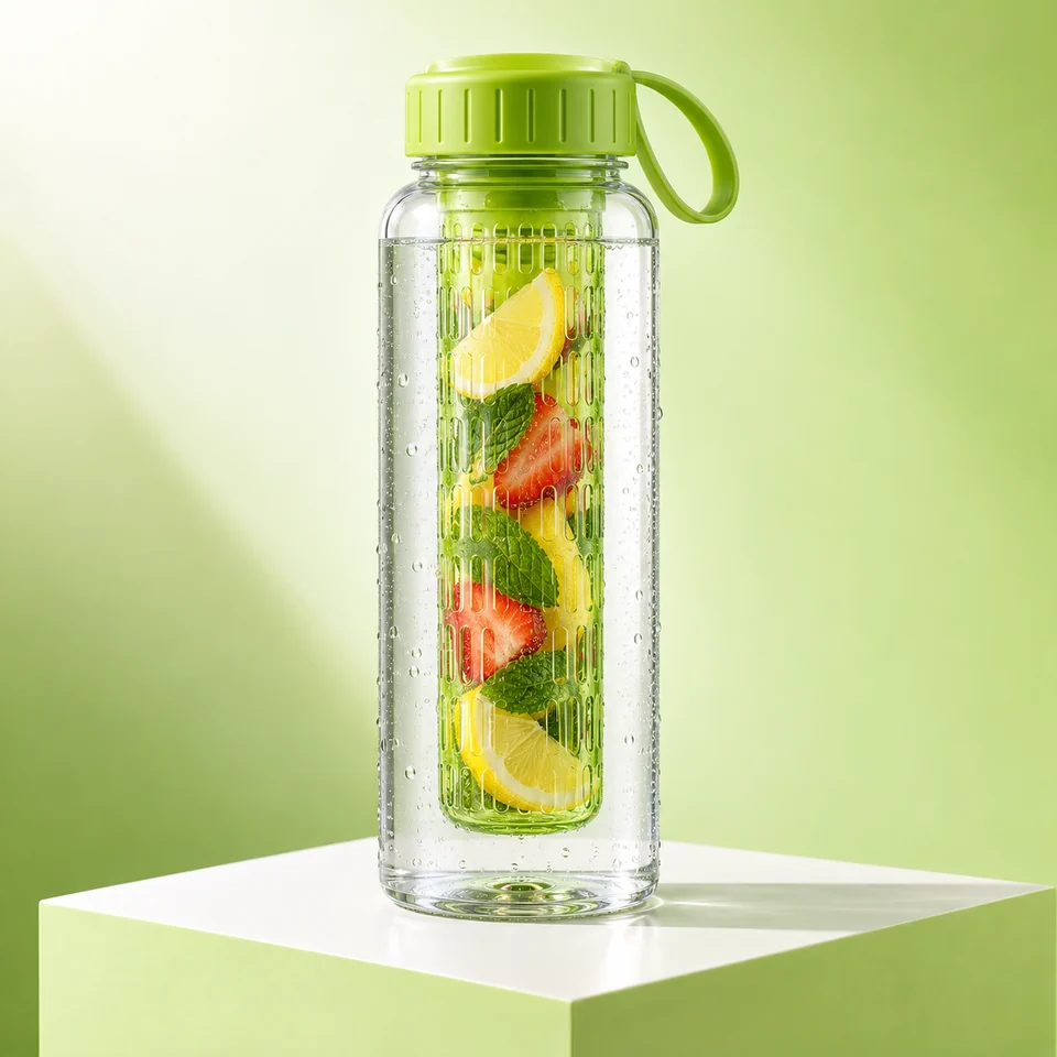 Green-lid clear bottle with a visible fruit infusion insert
