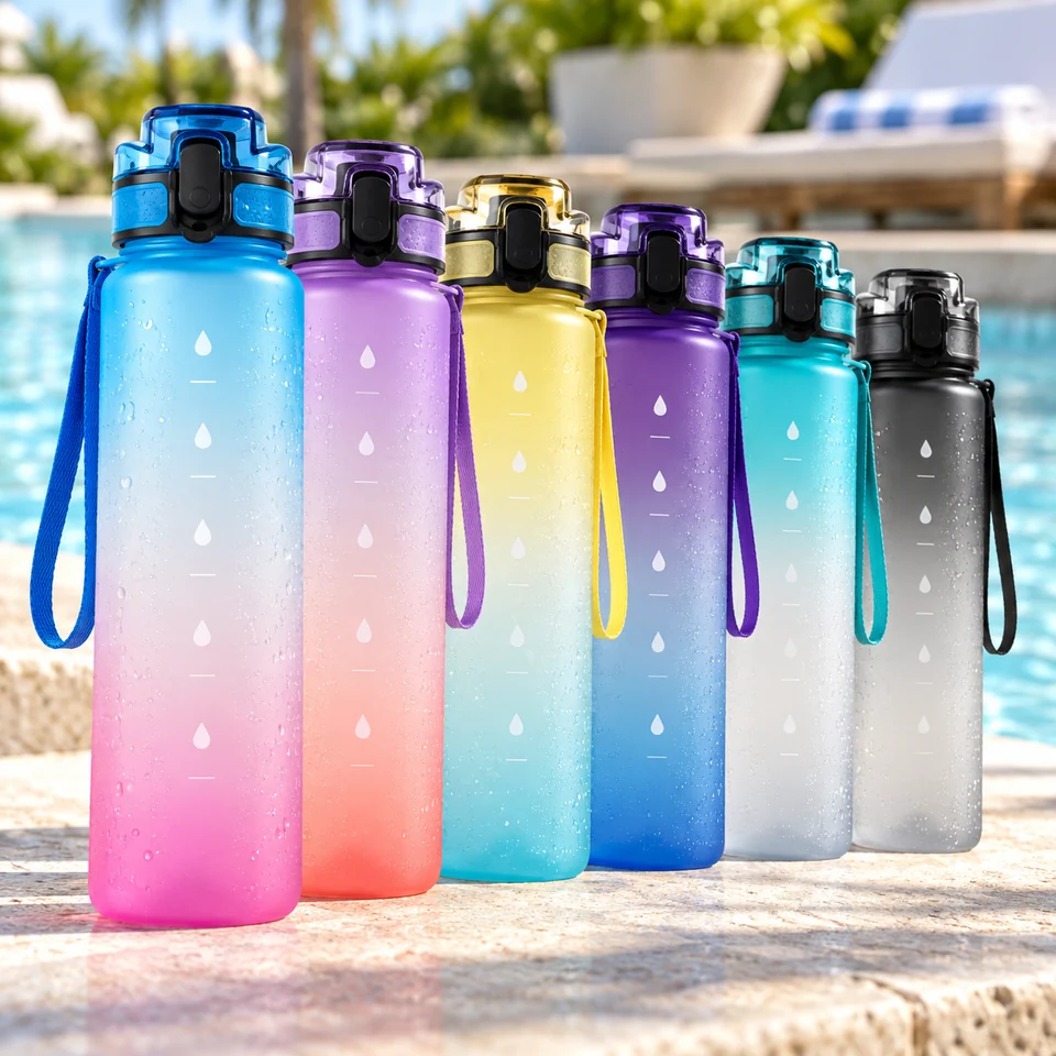 Gradient-color water bottles displayed beside a swimming pool