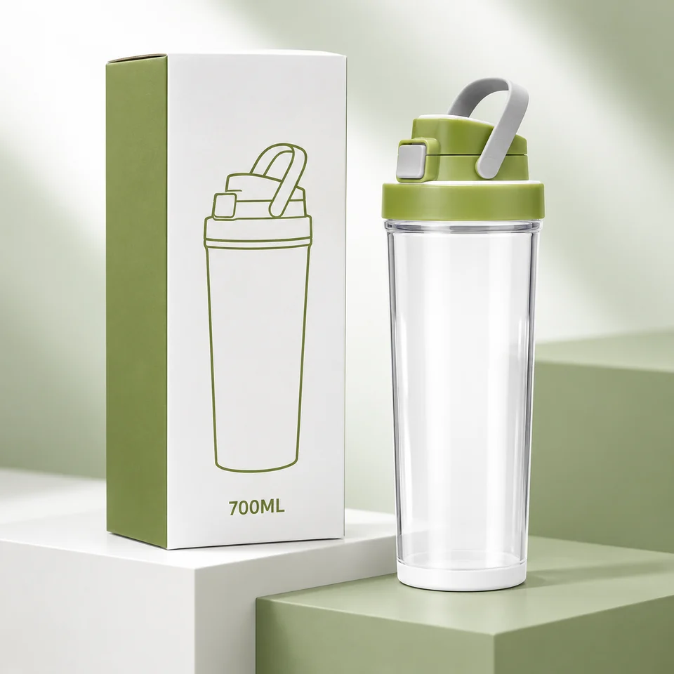 Clear green-lid bottle with carrying loop and a box marked 700 ml