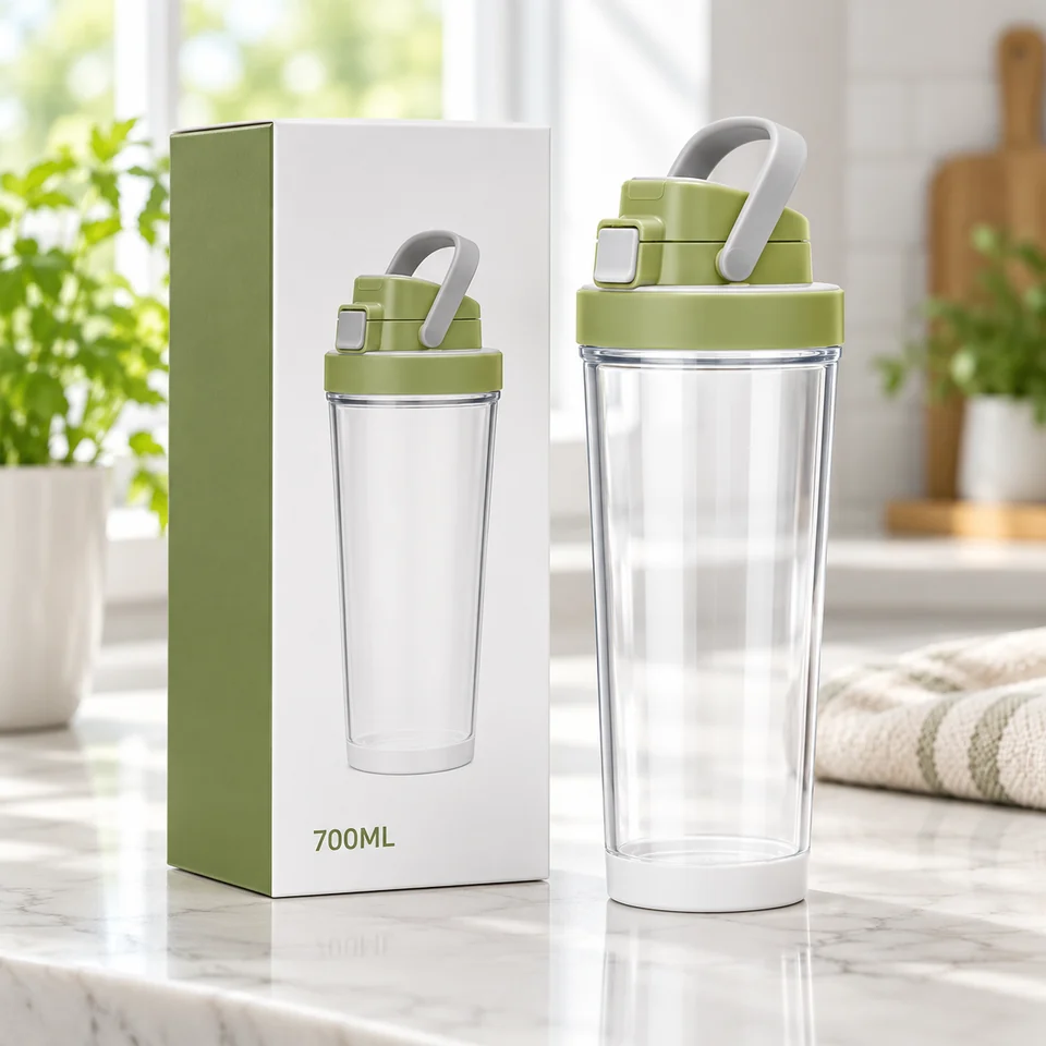 Clear green-lid bottle and box on an indoor table