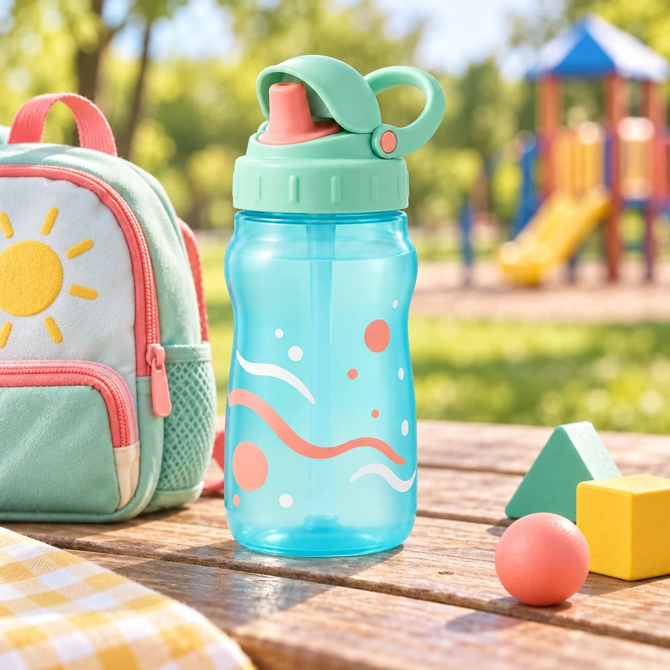 Mint-colored handled bottle beside a backpack near playground equipment