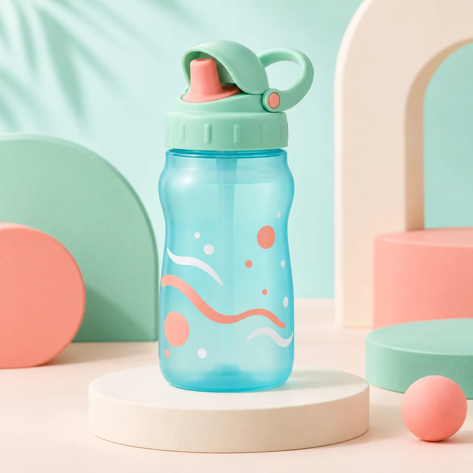 Small mint-colored patterned bottle with a top handle and drinking spout