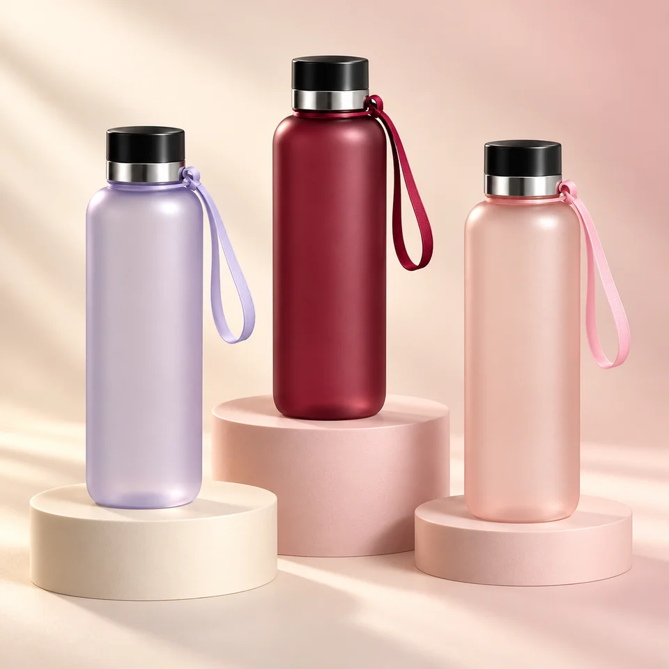 Lavender, red and pink slim screw-cap bottles with carrying loops