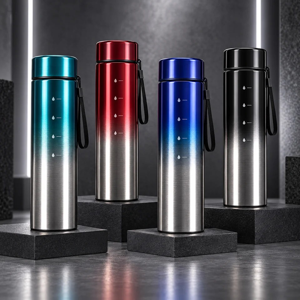 Four slim metallic-looking bottles with screw caps