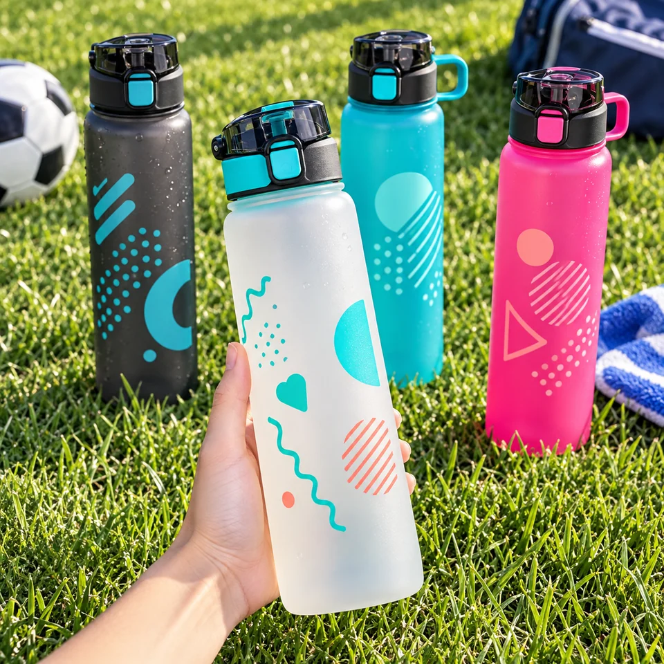 Patterned bottles on grass beside a bag with a white bottle held in one hand