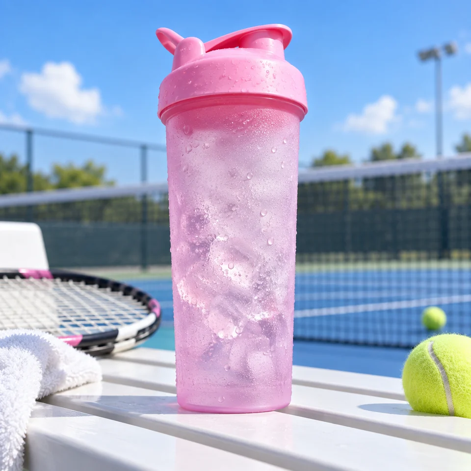 Pink shaker cup beside a racket and tennis ball