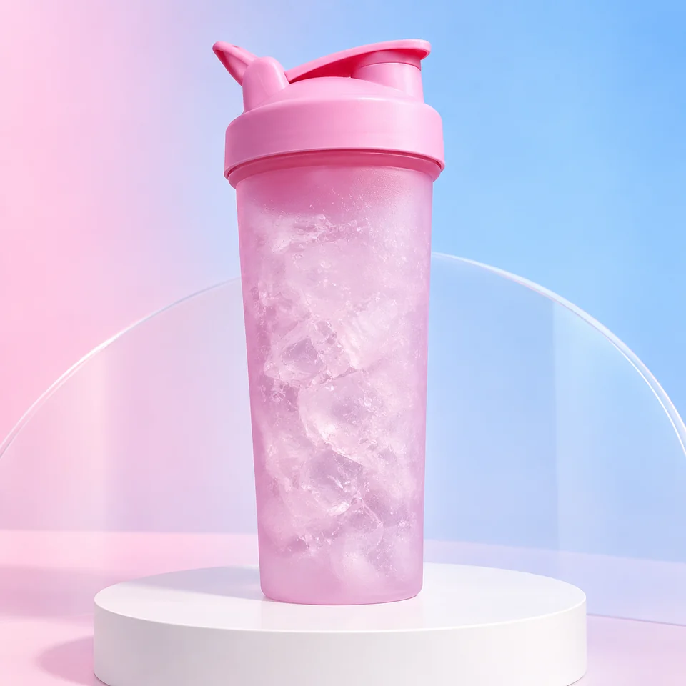 Pink shaker-format cup with a flip drinking spout