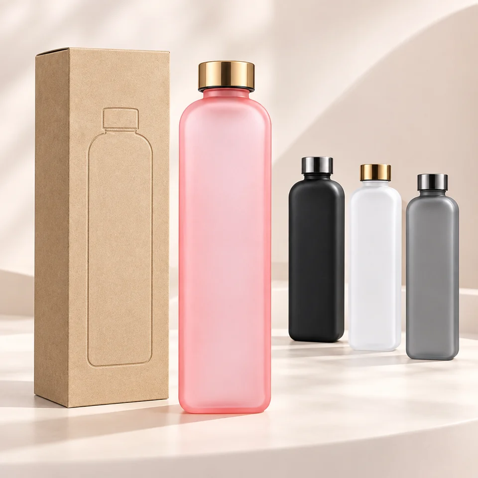 Pink, black and gray slim bottles displayed with kraft boxes
