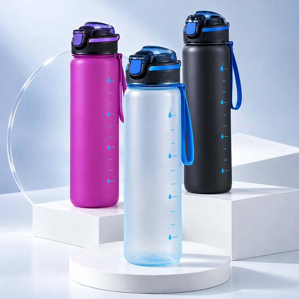 Purple, clear and black sports bottles with flip-cover lids