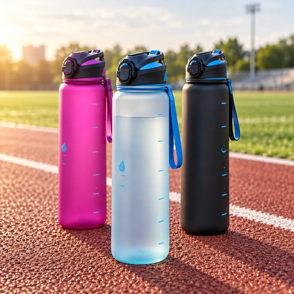 Purple, clear and black sports bottles beside a running track