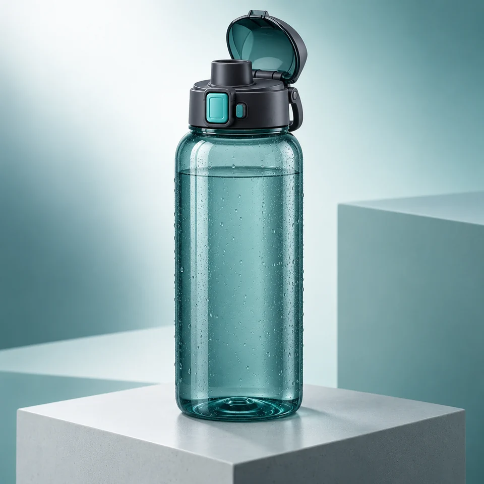 Clear teal bottle with an open flip cover and drinking opening