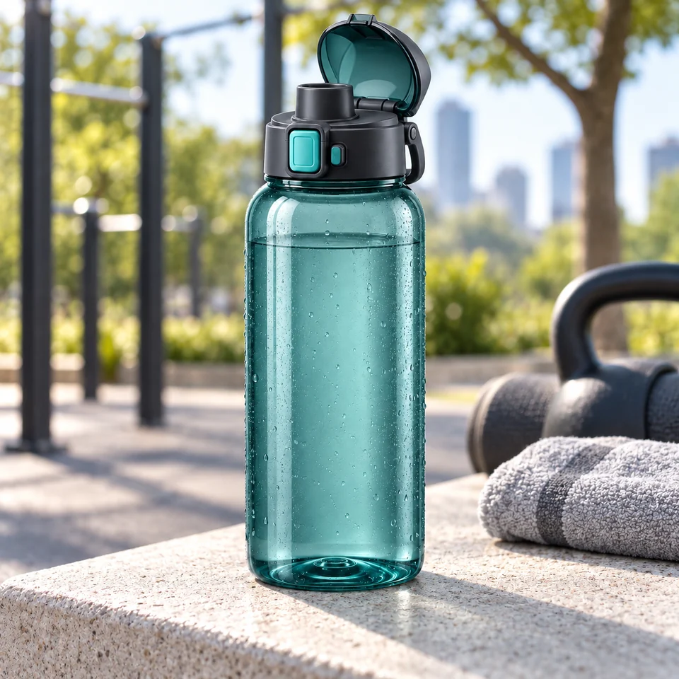 Teal flip-cover bottle beside a towel and gym weight