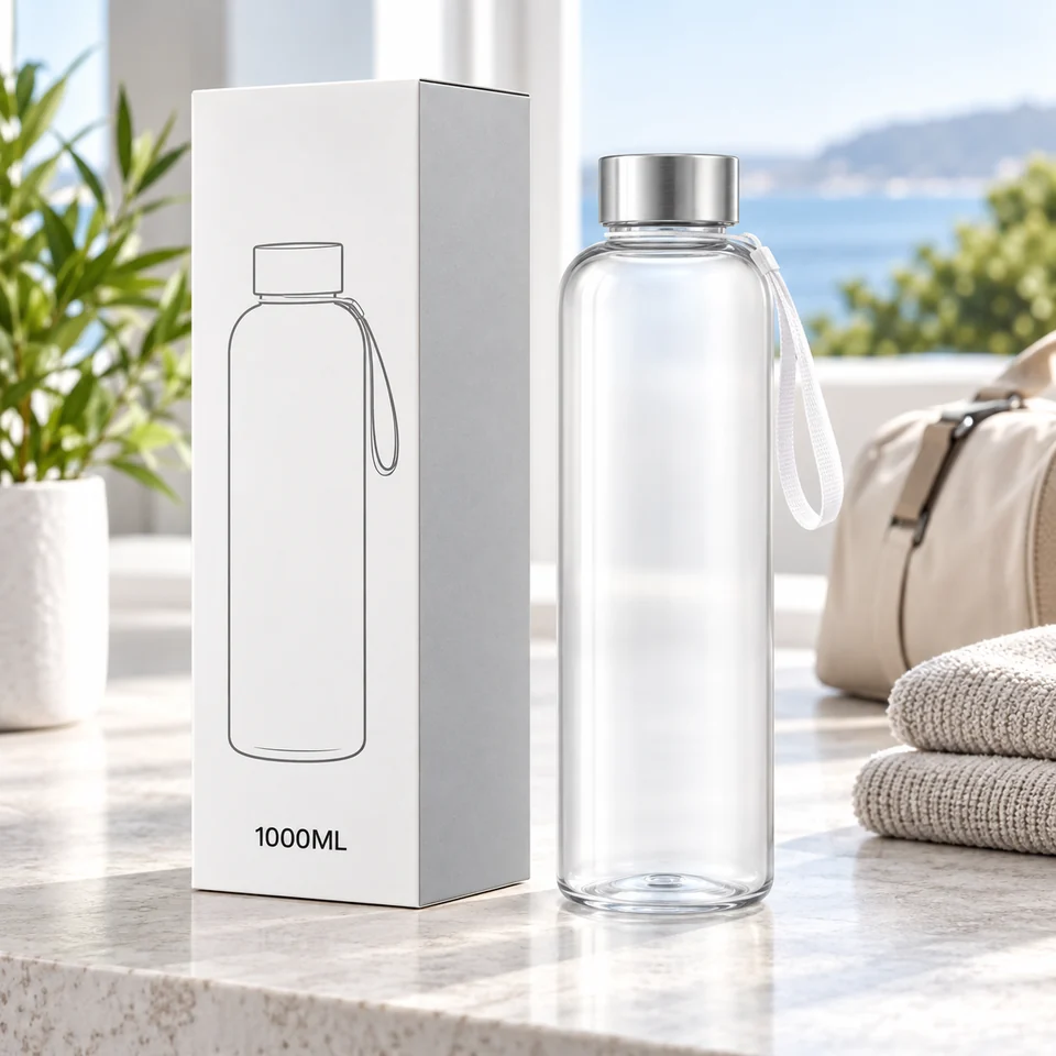 Clear silver-cap bottle and its box beside a travel bag