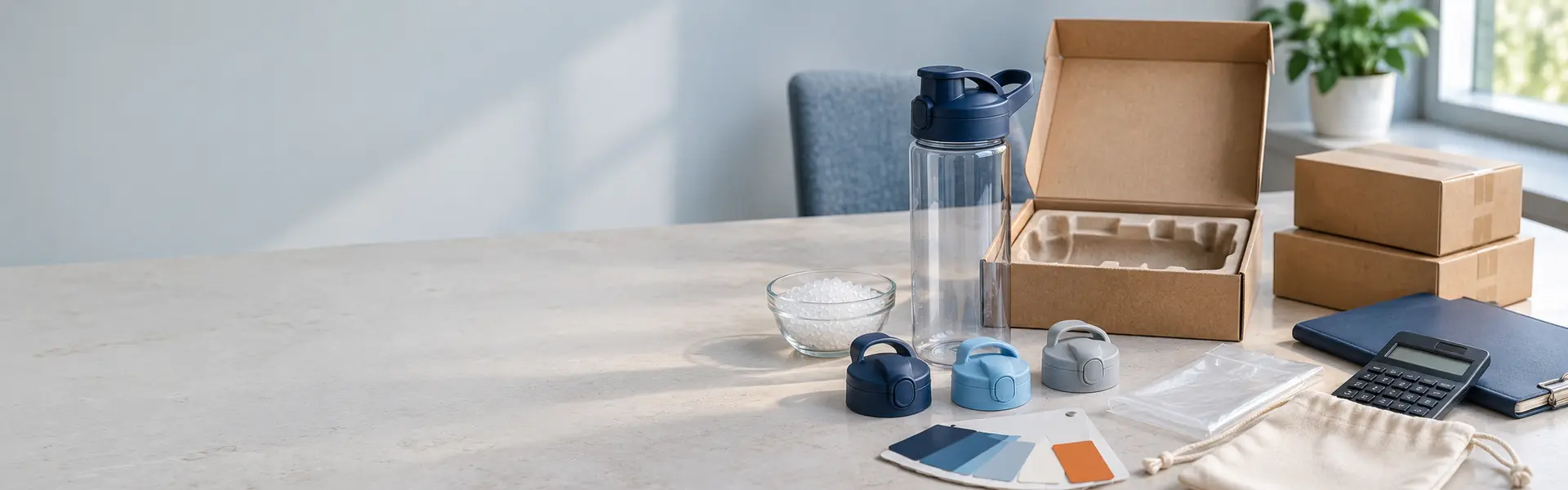 Reusable bottle, lid samples and packaging on a tabletop