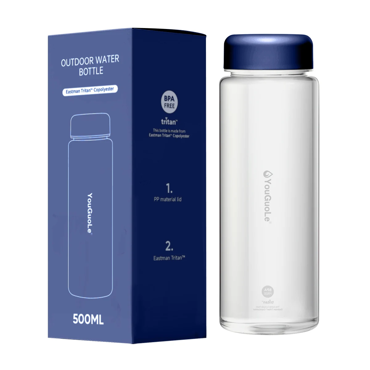 Private label water bottle with branded retail box